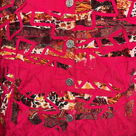 Units Woman Artsy Patchwork Jacket 2X Plus Red Raw Edge Animal Paisley Print - Picture 3 of 7